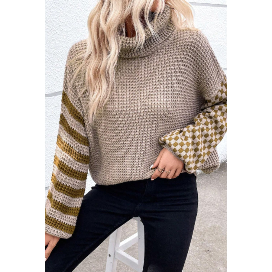 Striped &amp; Checkered Turtleneck Dropped Shoulder Sweater Mocha / S Apparel and Accessories