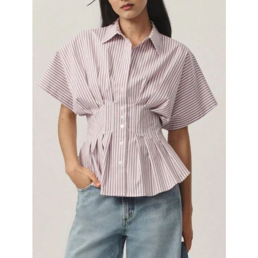 Striped Cinched Waist Shirt Red / S Apparel and Accessories