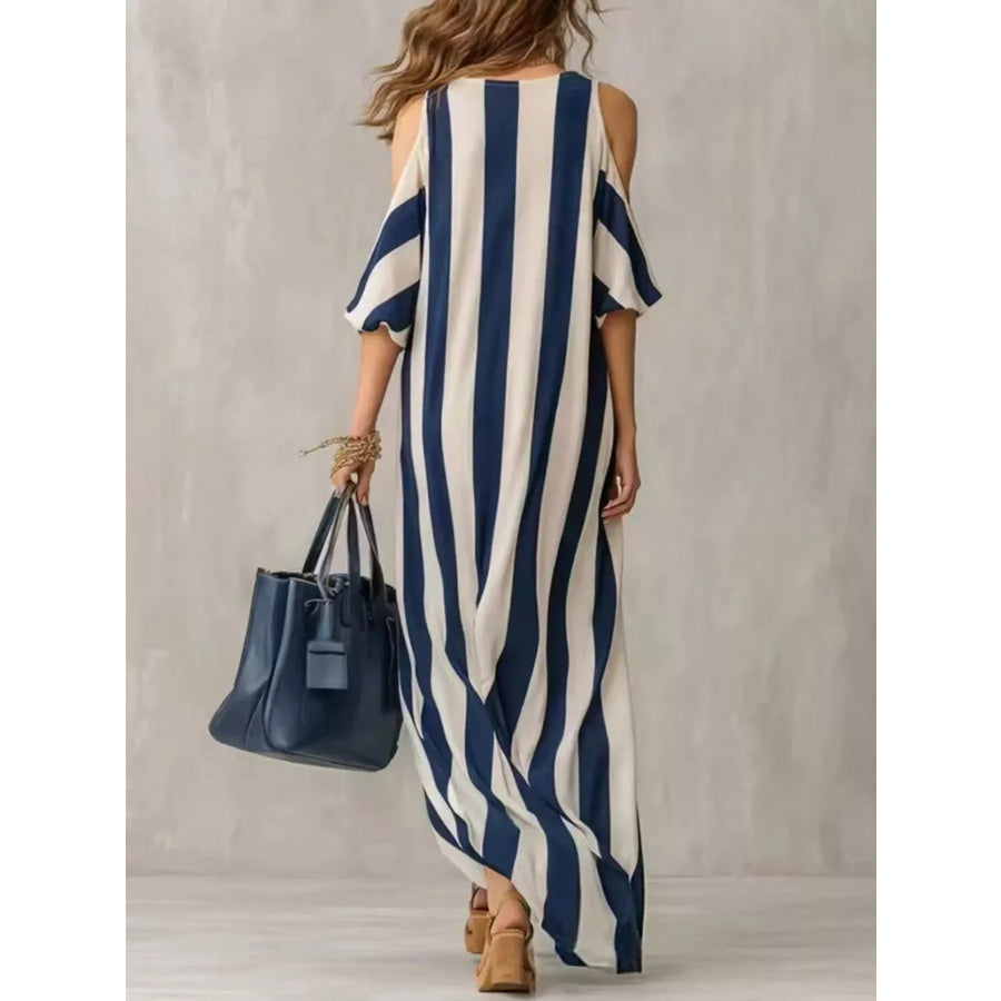 Striped Cold Shoulder Maxi Dress Dark Blue / S Apparel and Accessories