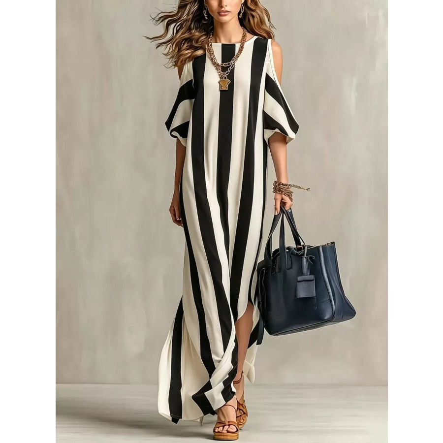 Striped Cold Shoulder Maxi Dress Black / S Apparel and Accessories