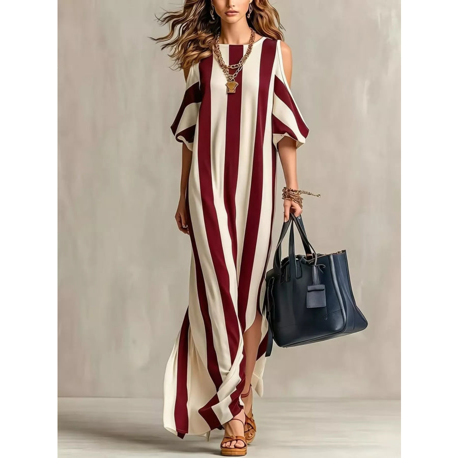 Striped Cold Shoulder Maxi Dress Burgundy / S Apparel and Accessories