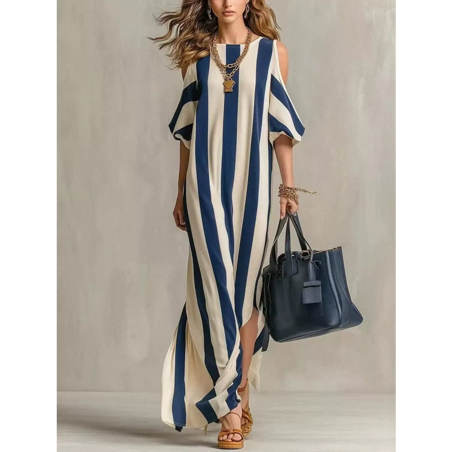 Striped Cold Shoulder Maxi Dress Dark Blue / S Apparel and Accessories