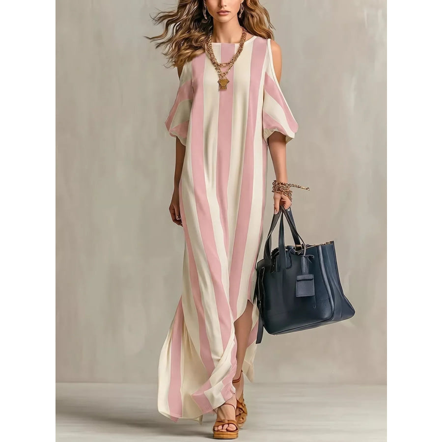 Striped Cold Shoulder Maxi Dress Pink / S Apparel and Accessories