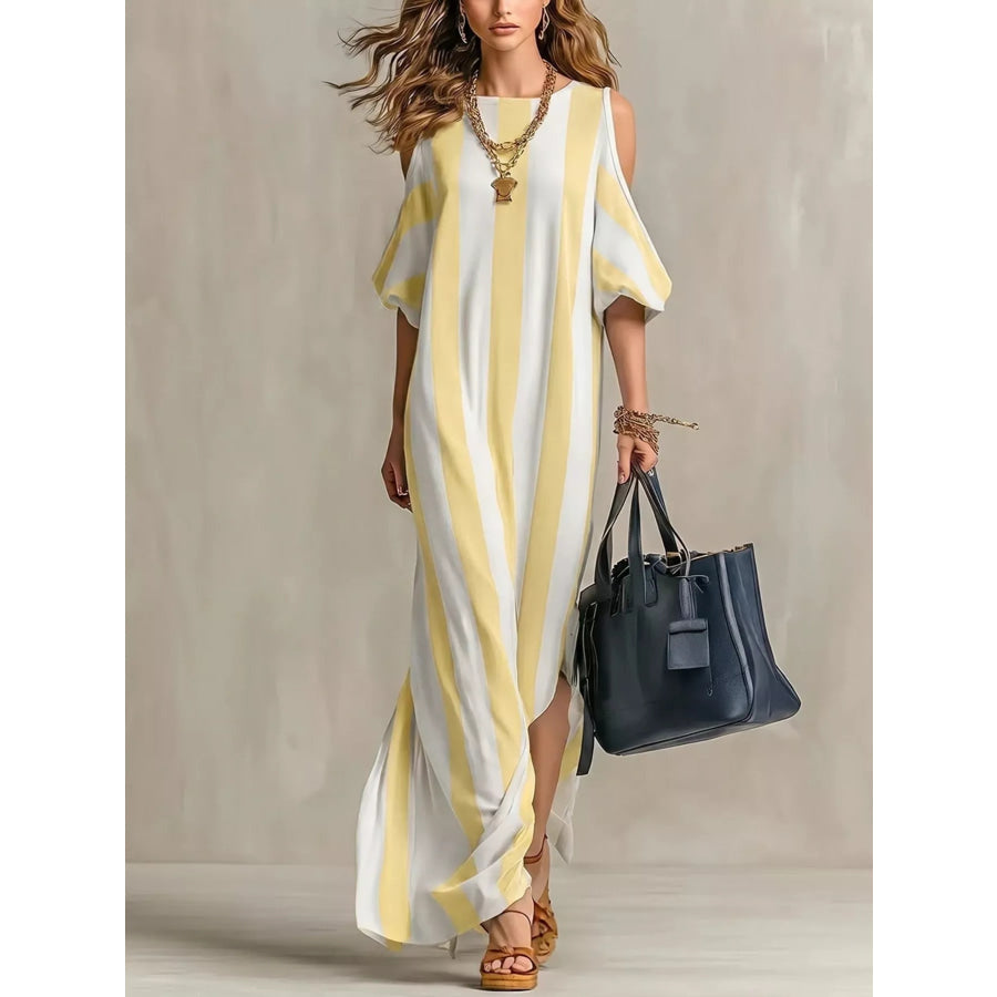 Striped Cold Shoulder Maxi Dress Yellow / S Apparel and Accessories