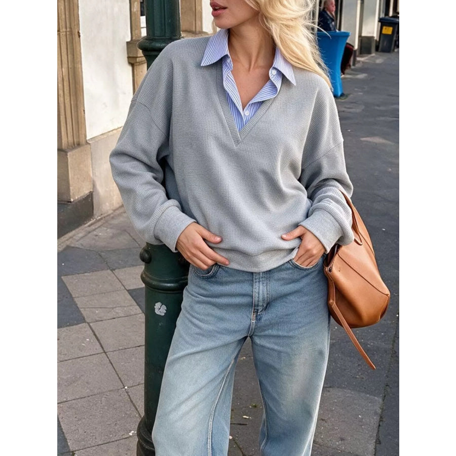 Striped Collar Dropped Shoulder Sweatshirt Apparel and Accessories