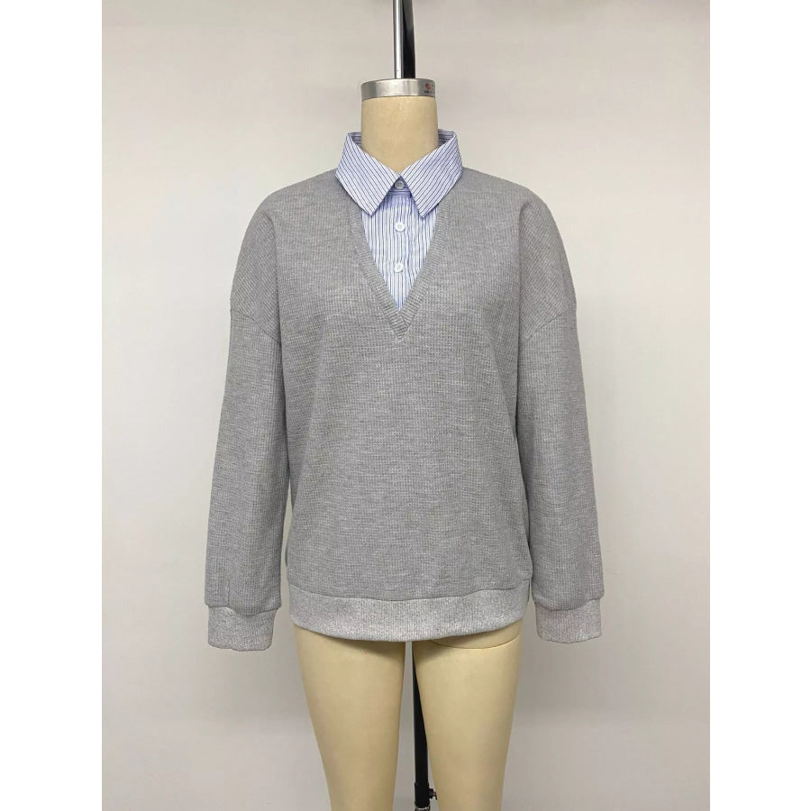 Striped Collar Dropped Shoulder Sweatshirt Apparel and Accessories