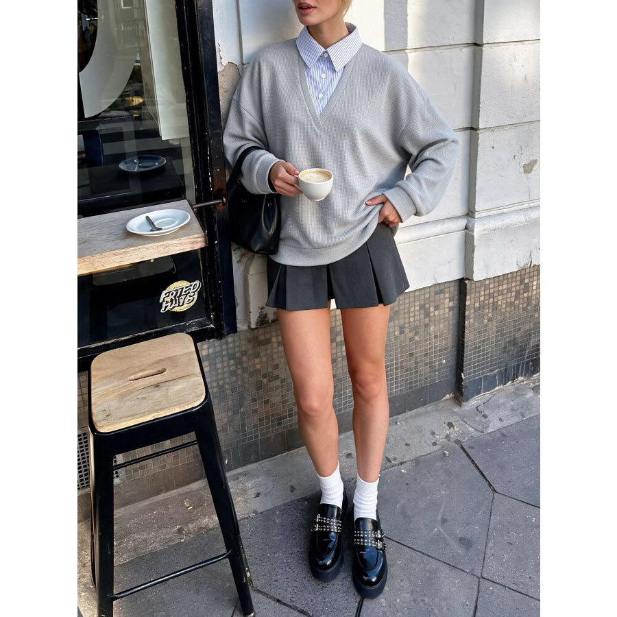 Striped Collar Dropped Shoulder Sweatshirt Gray / S Apparel and Accessories