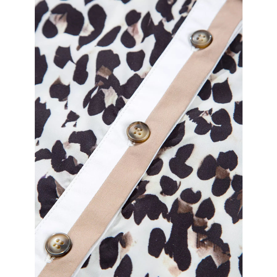 Striped Collar Leopard Print Long Sleeve Flared Dress Apparel and Accessories