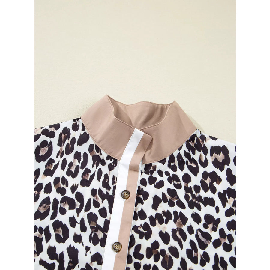 Striped Collar Leopard Print Long Sleeve Flared Dress Apparel and Accessories