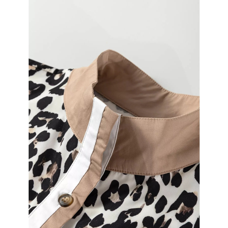 Striped Collar Leopard Print Long Sleeve Flared Dress Apparel and Accessories