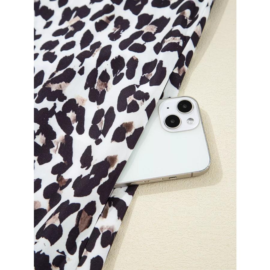 Striped Collar Leopard Print Long Sleeve Flared Dress Apparel and Accessories