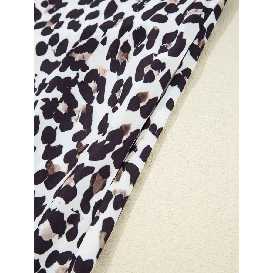 Striped Collar Leopard Print Long Sleeve Flared Dress Apparel and Accessories