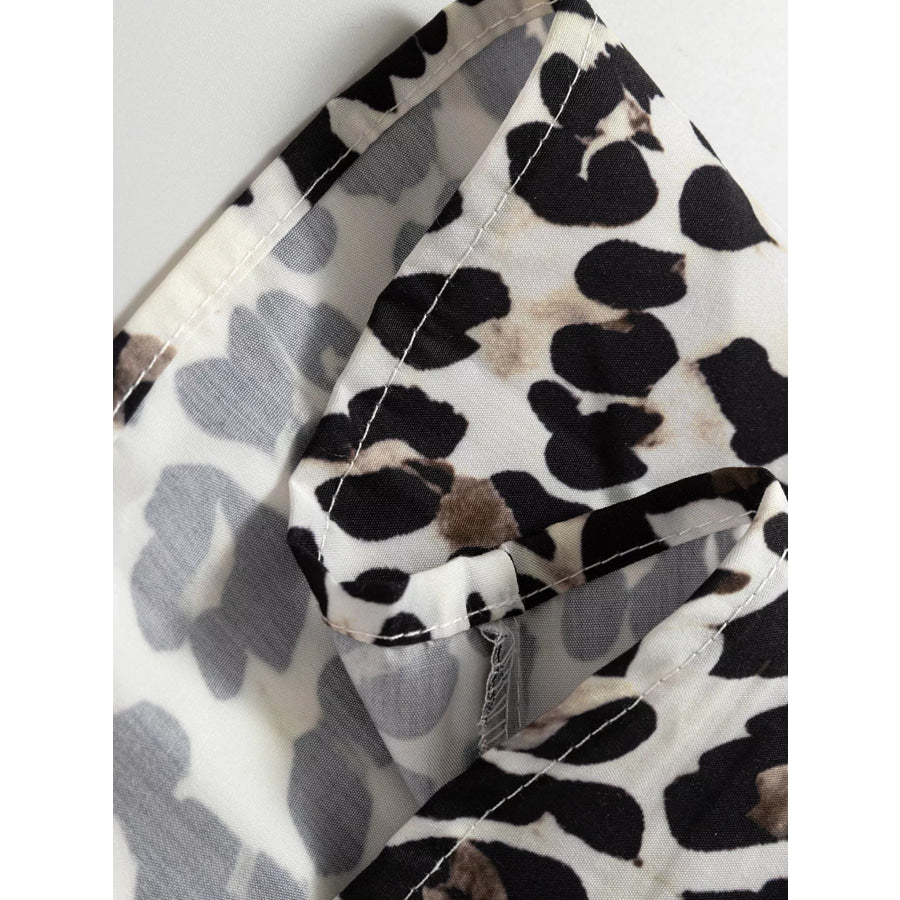 Striped Collar Leopard Print Long Sleeve Flared Dress Apparel and Accessories