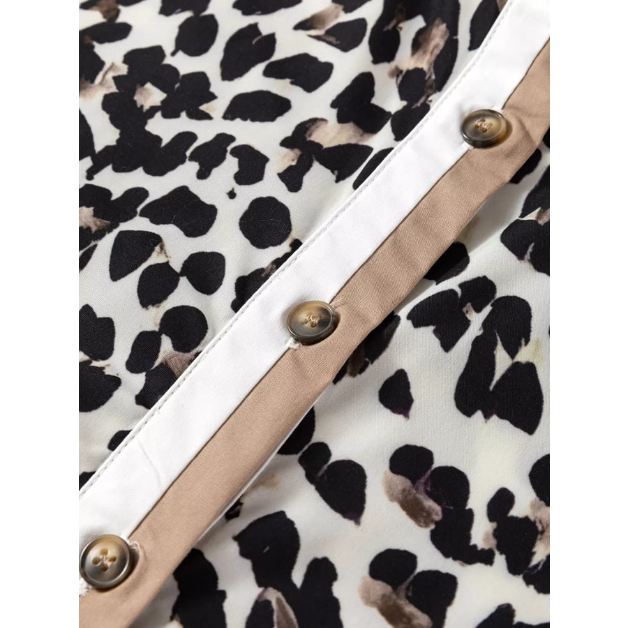 Striped Collar Leopard Print Long Sleeve Flared Dress Apparel and Accessories