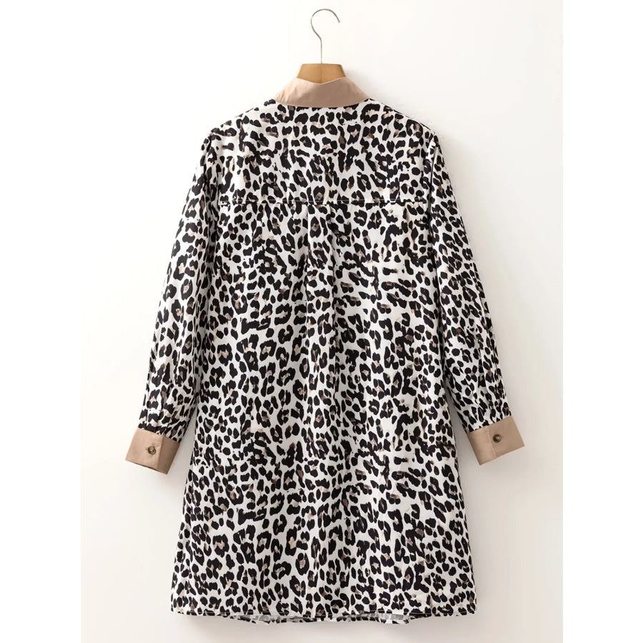 Striped Collar Leopard Print Long Sleeve Flared Dress Apparel and Accessories