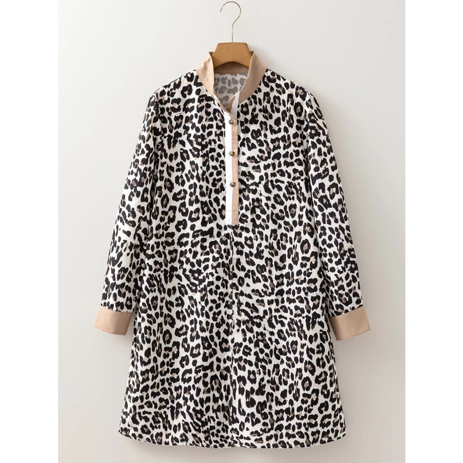 Striped Collar Leopard Print Long Sleeve Flared Dress Apparel and Accessories