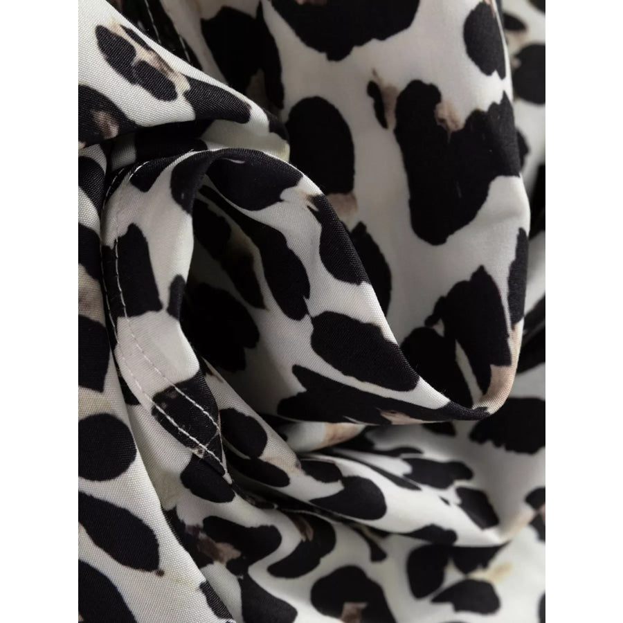 Striped Collar Leopard Print Long Sleeve Flared Dress Apparel and Accessories