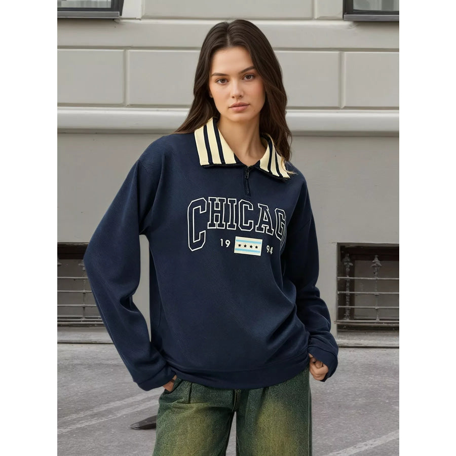 Striped Collar Letter Graphic Sweatshirt Navy / M Apparel and Accessories