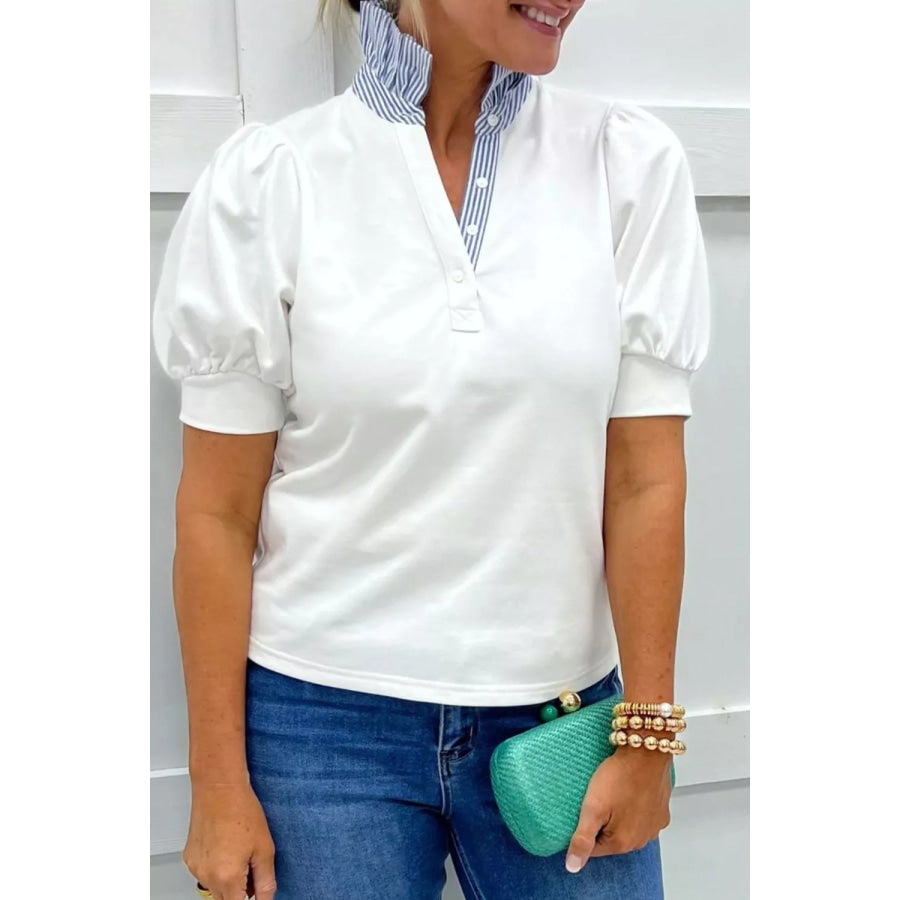 Striped Collar Puff Sleeve Blouse Apparel and Accessories