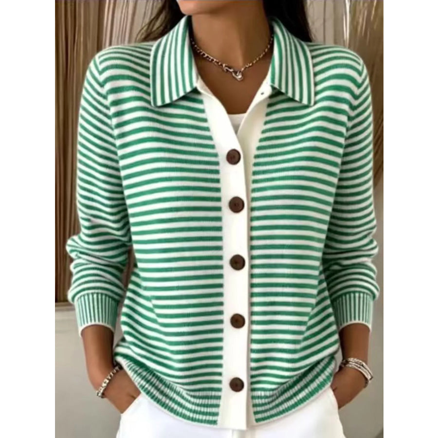 Striped Collared Button-Down Knit Cardigan Green / S Apparel and Accessories