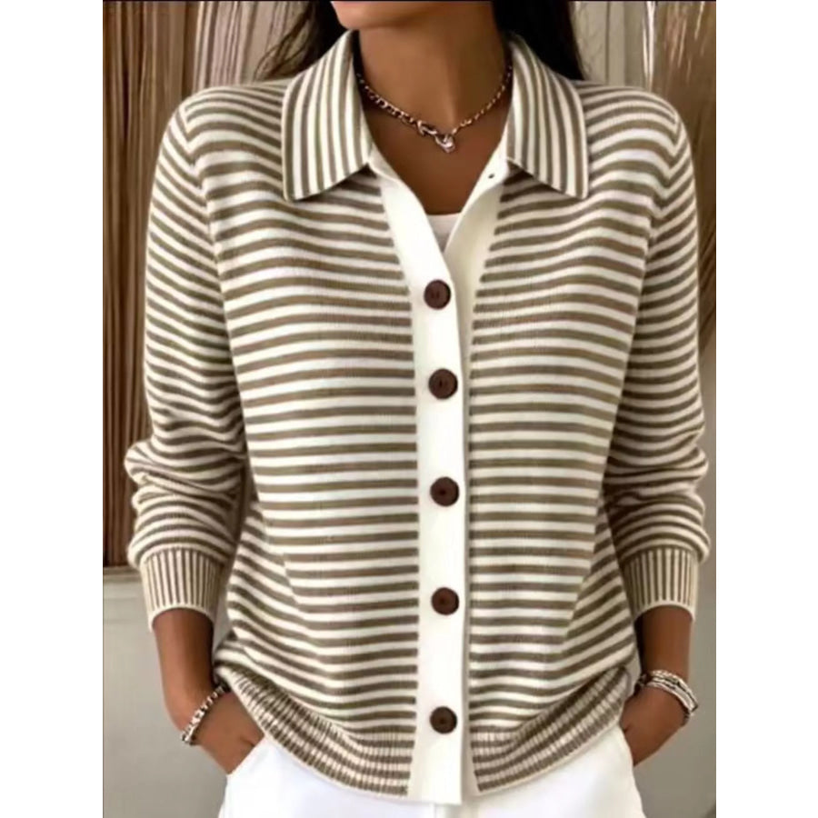 Striped Collared Button-Down Knit Cardigan Khaki / S Apparel and Accessories