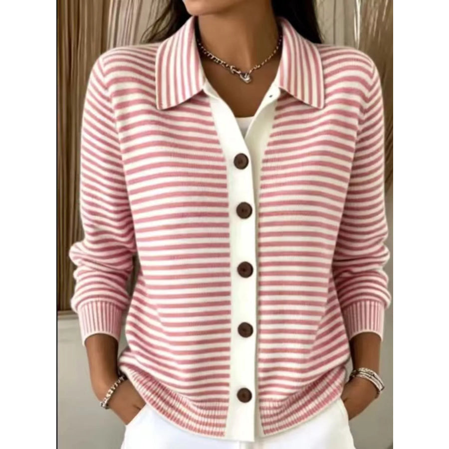 Striped Collared Button-Down Knit Cardigan Pink / S Apparel and Accessories