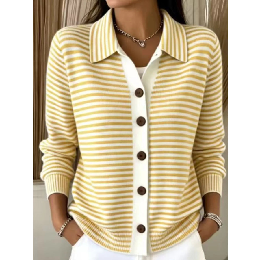 Striped Collared Button-Down Knit Cardigan Yellow / S Apparel and Accessories