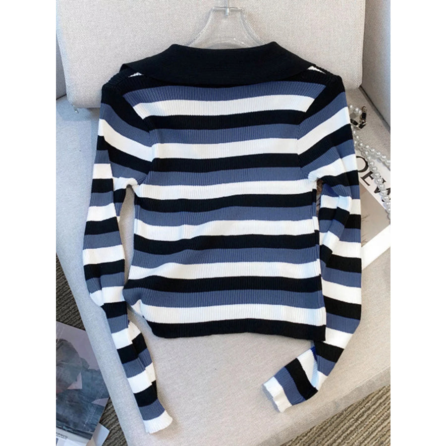 Striped Collared Cropped Knit Top Apparel and Accessories