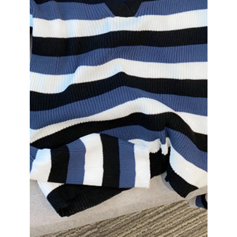 Striped Collared Cropped Knit Top Apparel and Accessories