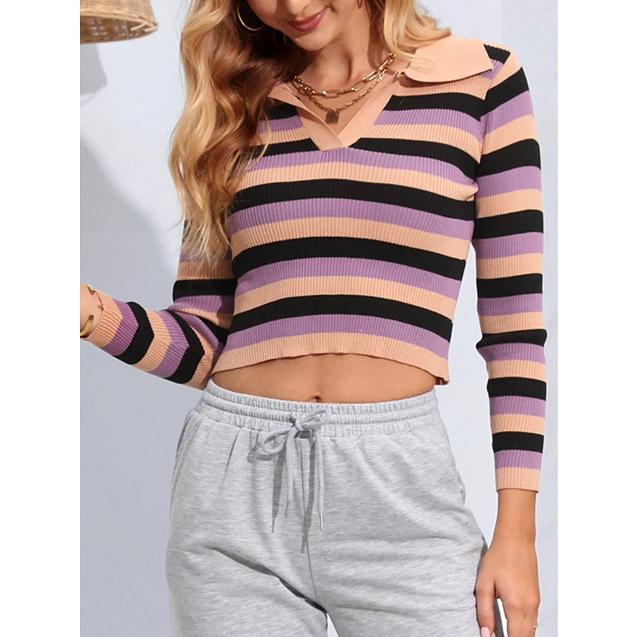 Striped Collared Cropped Knit Top Apparel and Accessories