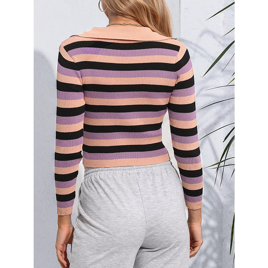 Striped Collared Cropped Knit Top Apparel and Accessories