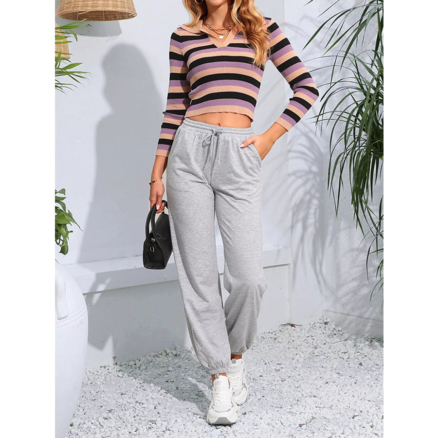 Striped Collared Cropped Knit Top Apparel and Accessories