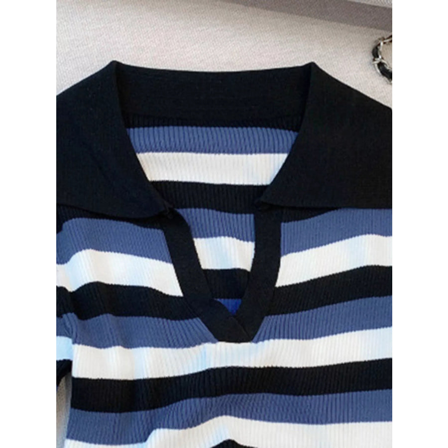 Striped Collared Cropped Knit Top Black / One Size Apparel and Accessories