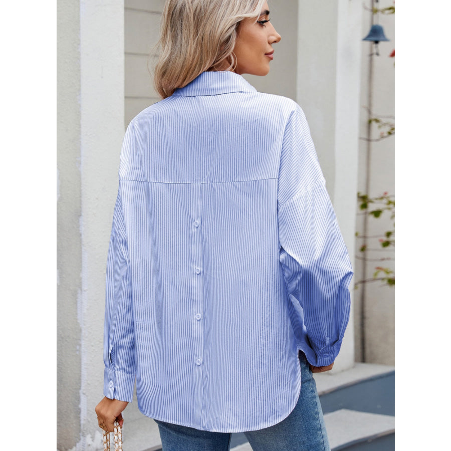 Striped Collared Neck Button Down Long Sleeve Shirt Apparel and Accessories