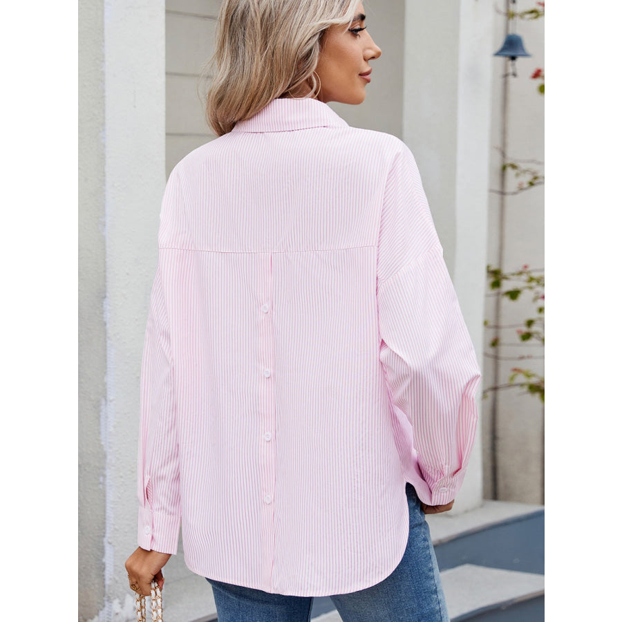 Striped Collared Neck Button Down Long Sleeve Shirt Apparel and Accessories