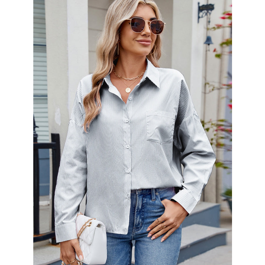 Striped Collared Neck Button Down Long Sleeve Shirt Apparel and Accessories