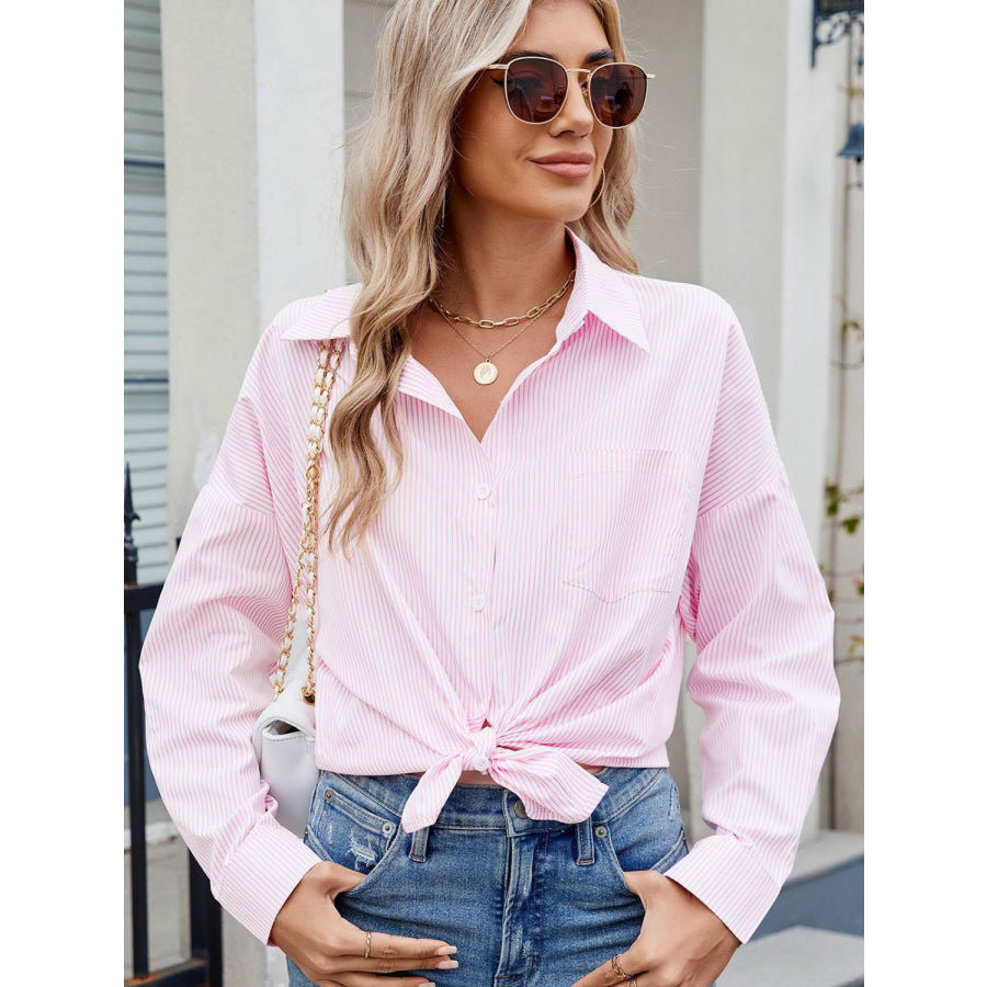 Striped Collared Neck Button Down Long Sleeve Shirt Apparel and Accessories