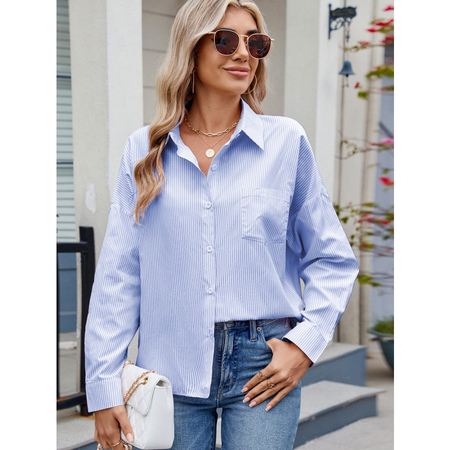 Striped Collared Neck Button Down Long Sleeve Shirt Apparel and Accessories