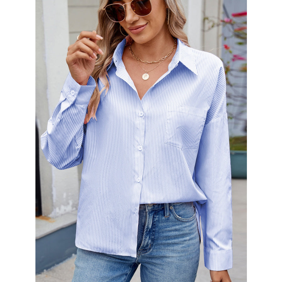 Striped Collared Neck Button Down Long Sleeve Shirt Apparel and Accessories
