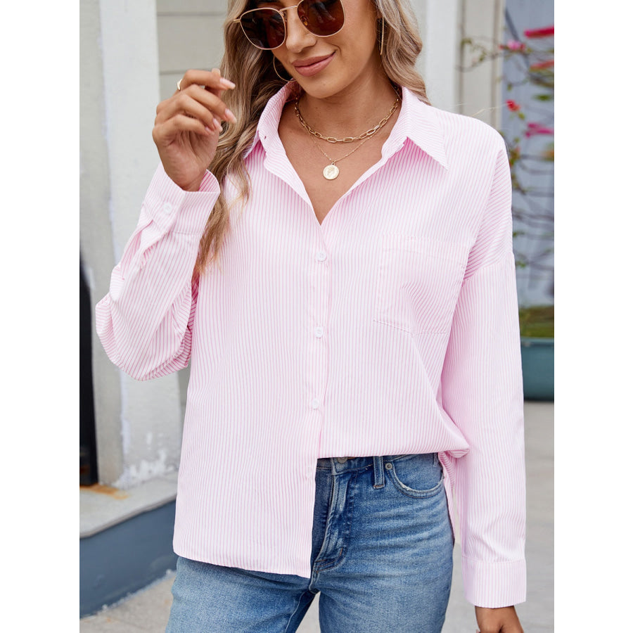 Striped Collared Neck Button Down Long Sleeve Shirt Blush Pink / S Apparel and Accessories