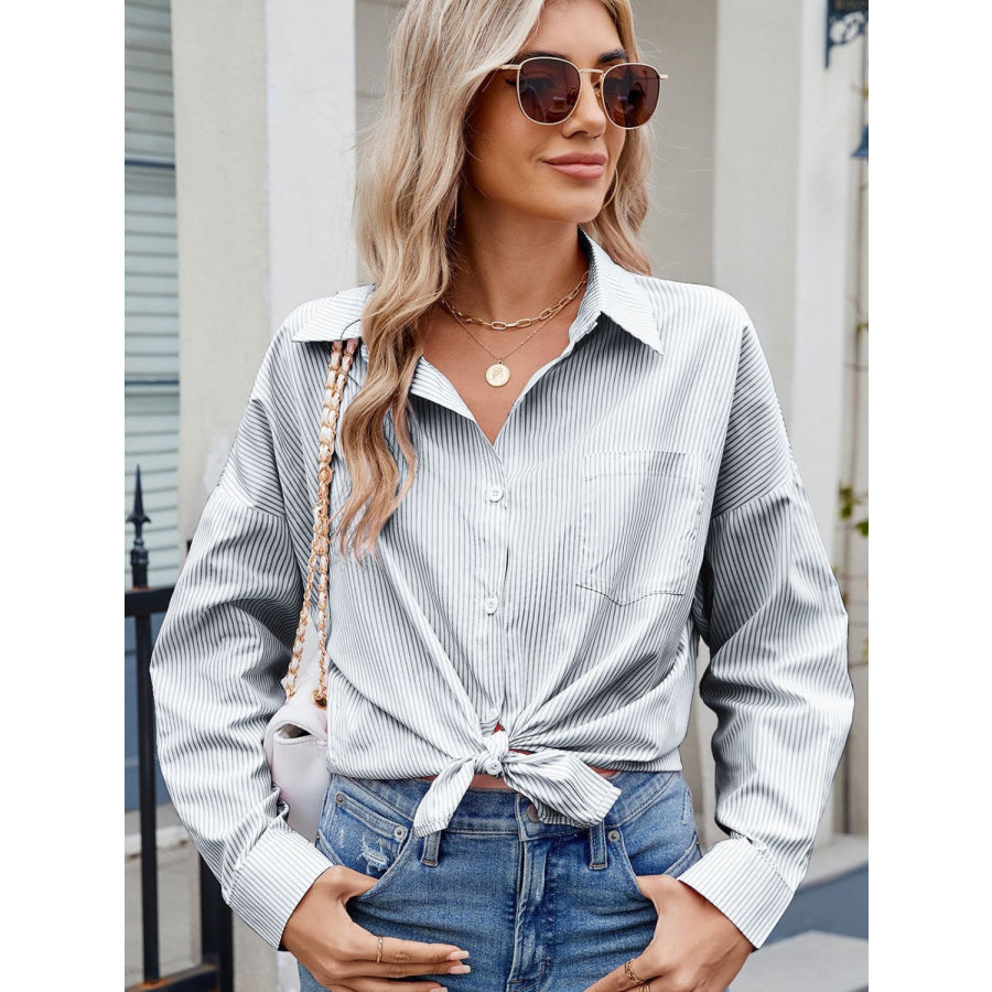 Striped Collared Neck Button Down Long Sleeve Shirt Apparel and Accessories