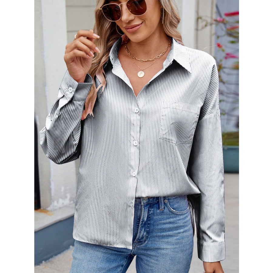 Striped Collared Neck Button Down Long Sleeve Shirt Black / S Apparel and Accessories