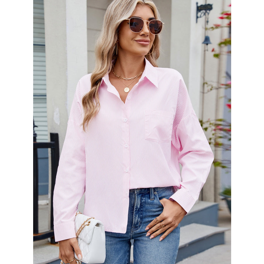 Striped Collared Neck Button Down Long Sleeve Shirt Blush Pink / S Apparel and Accessories