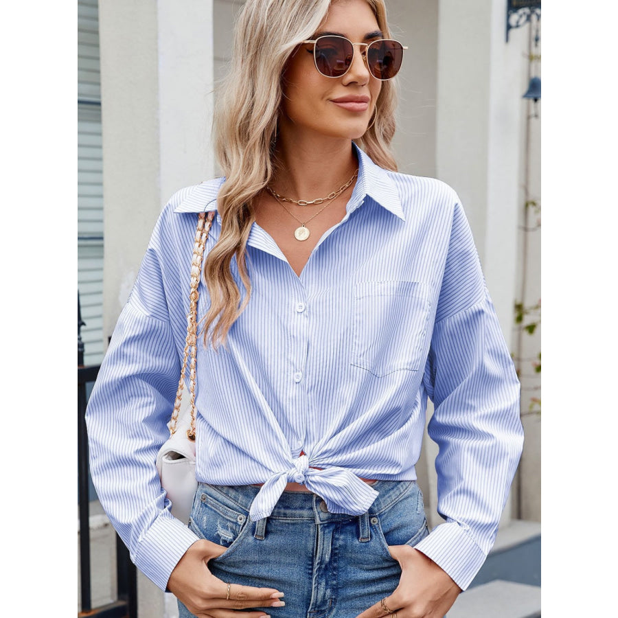 Striped Collared Neck Button Down Long Sleeve Shirt Pastel Blue / S Apparel and Accessories