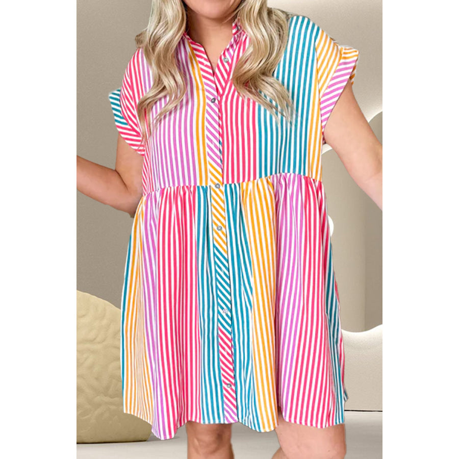 Striped Collared Neck Cap Sleeve Mini Dress Stripe / S Apparel and Accessories