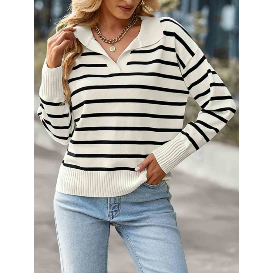 Striped Collared Neck Knit Top Black / XS