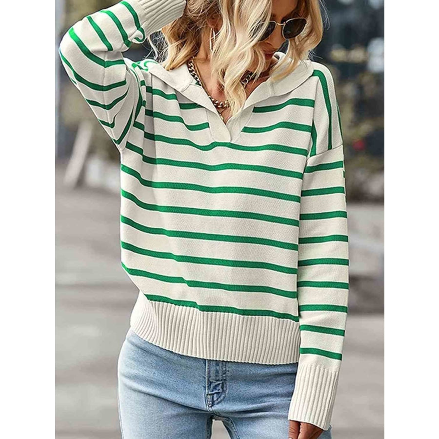 Striped Collared Neck Knit Top Green / XS