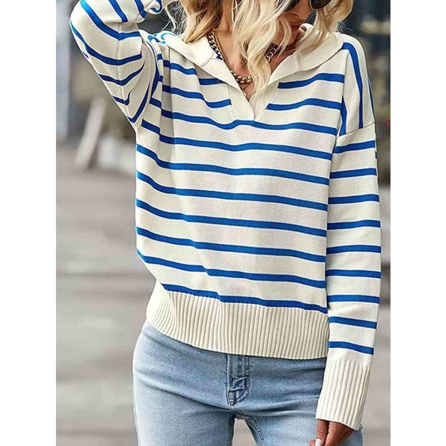 Striped Collared Neck Knit Top Peacock Blue / XS