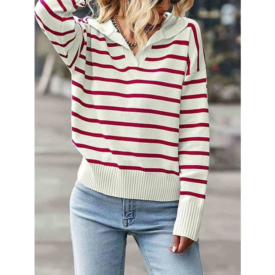 Striped Collared Neck Knit Top Wine / XS