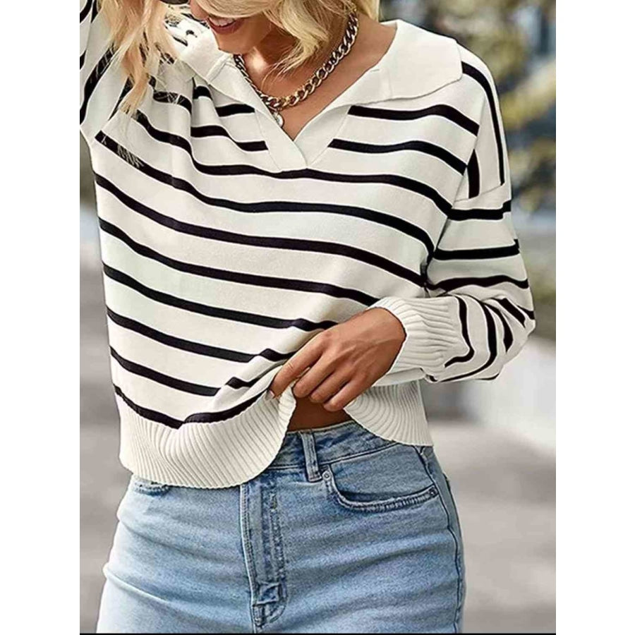 Striped Collared Neck Knit Top